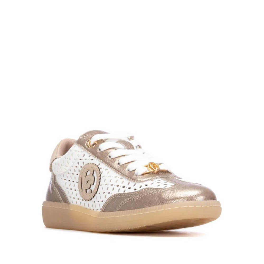 Carmela Gold and white sneaker with a brand logo on a white background