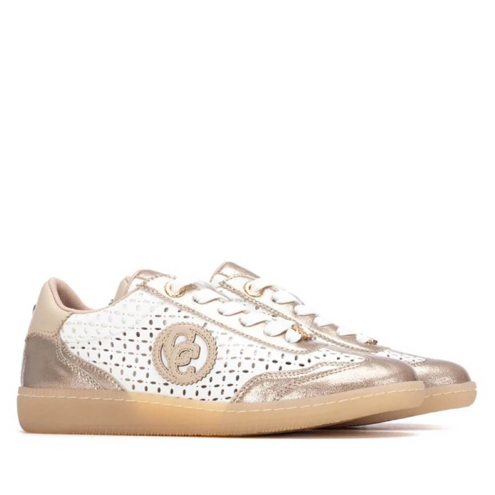 Carmela Gold and white sneakers with a brand logo on a white background