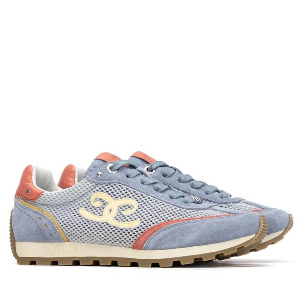 Blue and orange sneaker with a brand logo on a white background