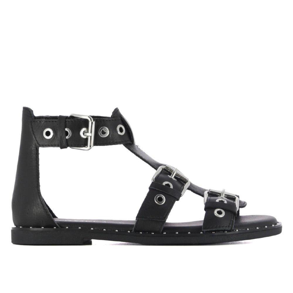 Carmela Black Gladiator sandal with multiple straps and buckles on a white background