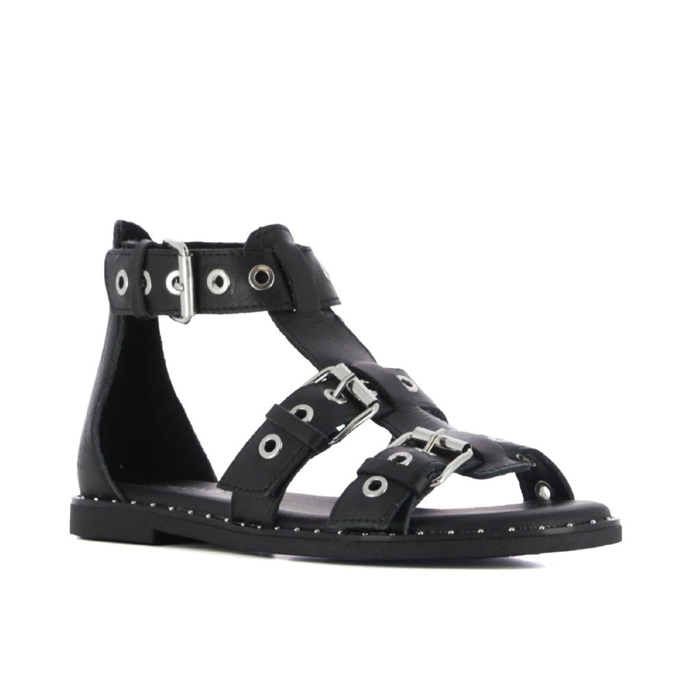 Carmela Black Gladiator sandal with multiple straps and buckles on a white background