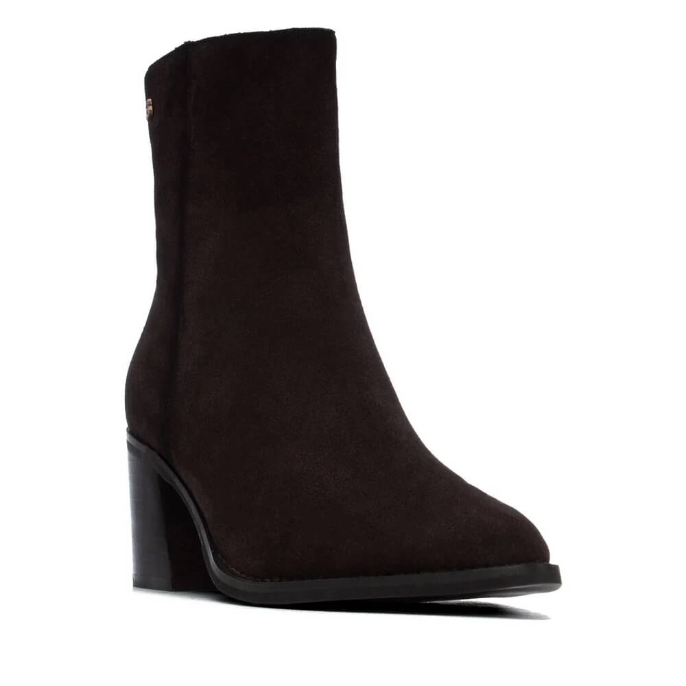 Carmela Dark Brown Suede Block heel ankle boot with a pointed toe on a white background