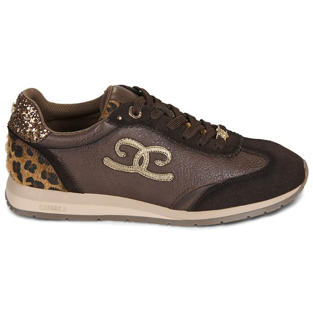 A Carmela dark brown low-top sneaker featuring a textured leather and suede upper, a leopard print heel panel with a gold glitter heel tab, a gold-tone double-C logo on the side, and a beige midsole.