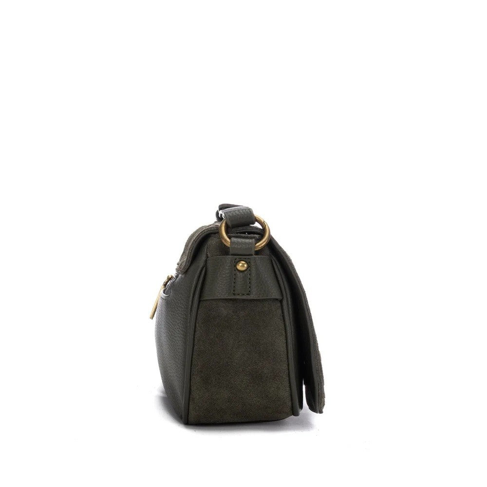 An olive green suede Carmela crossbody bag with gold-tone metal studs