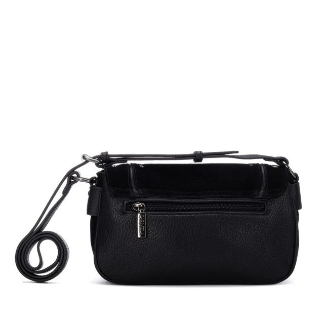 A Carmela black pebbled Faux leather crossbody bag with a top handle, a front zippered pocket, and a detachable shoulder strap, shown against a plain white background.