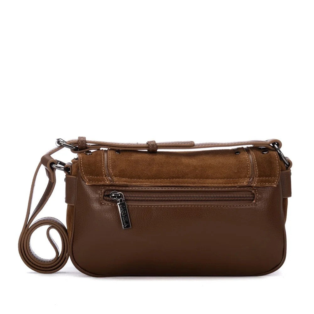 A Carmela brown faux leather and suede crossbody bag with a zippered front pocket and a matching adjustable shoulder strap, shown against a plain white background.
