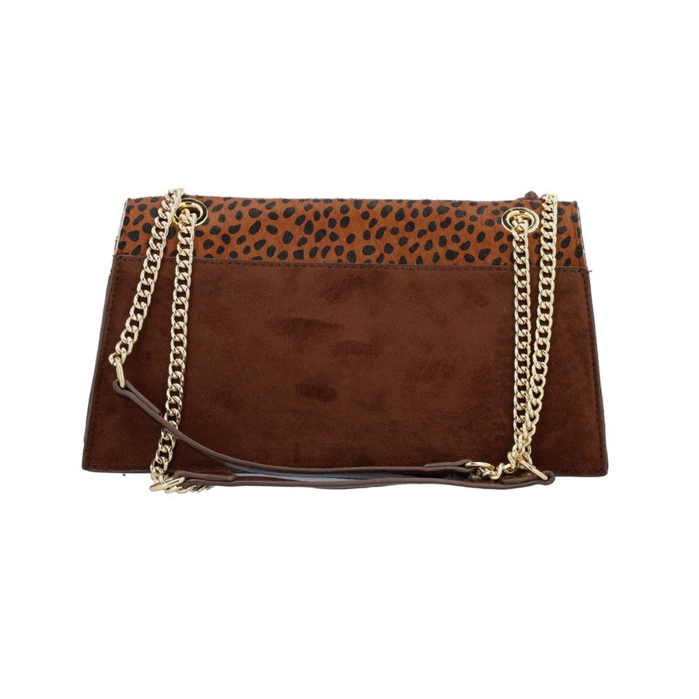 A brown suede and leopard-print handbag with gold chain shoulder straps, shown against a plain white background.