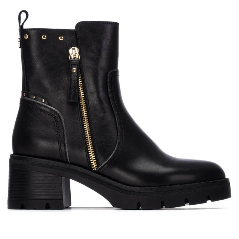 Black Leather Ankle Boot Block heel and gold side zip