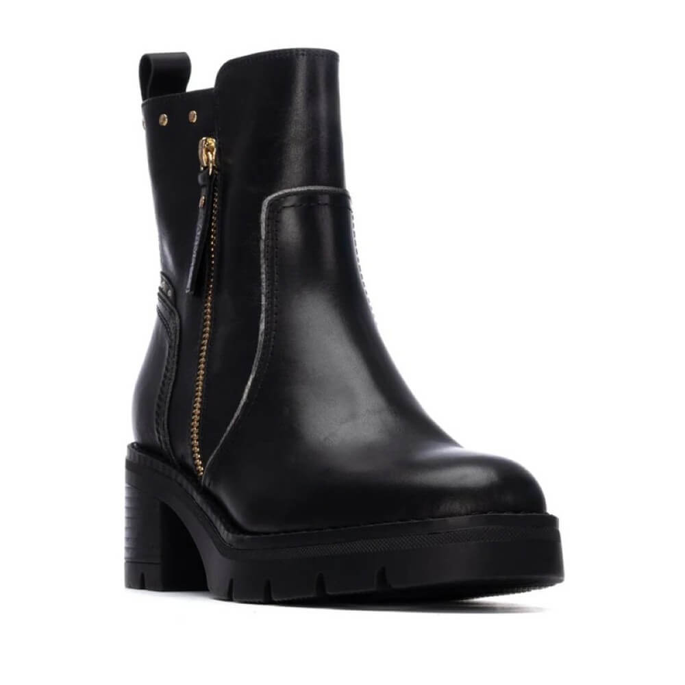Black Leather Ankle Boot Block heel and gold side zip