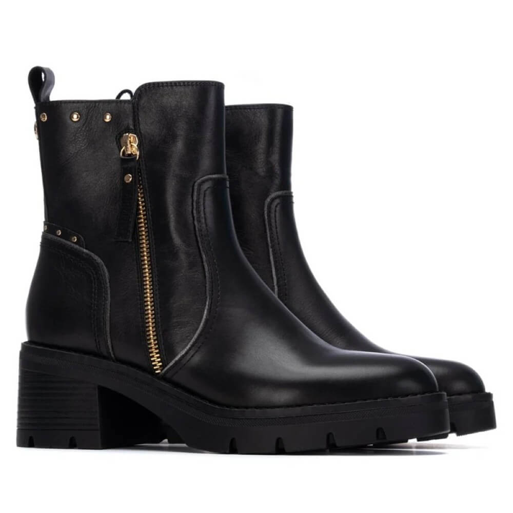 pair of Black Leather Ankle Boots Block heel and gold side zip