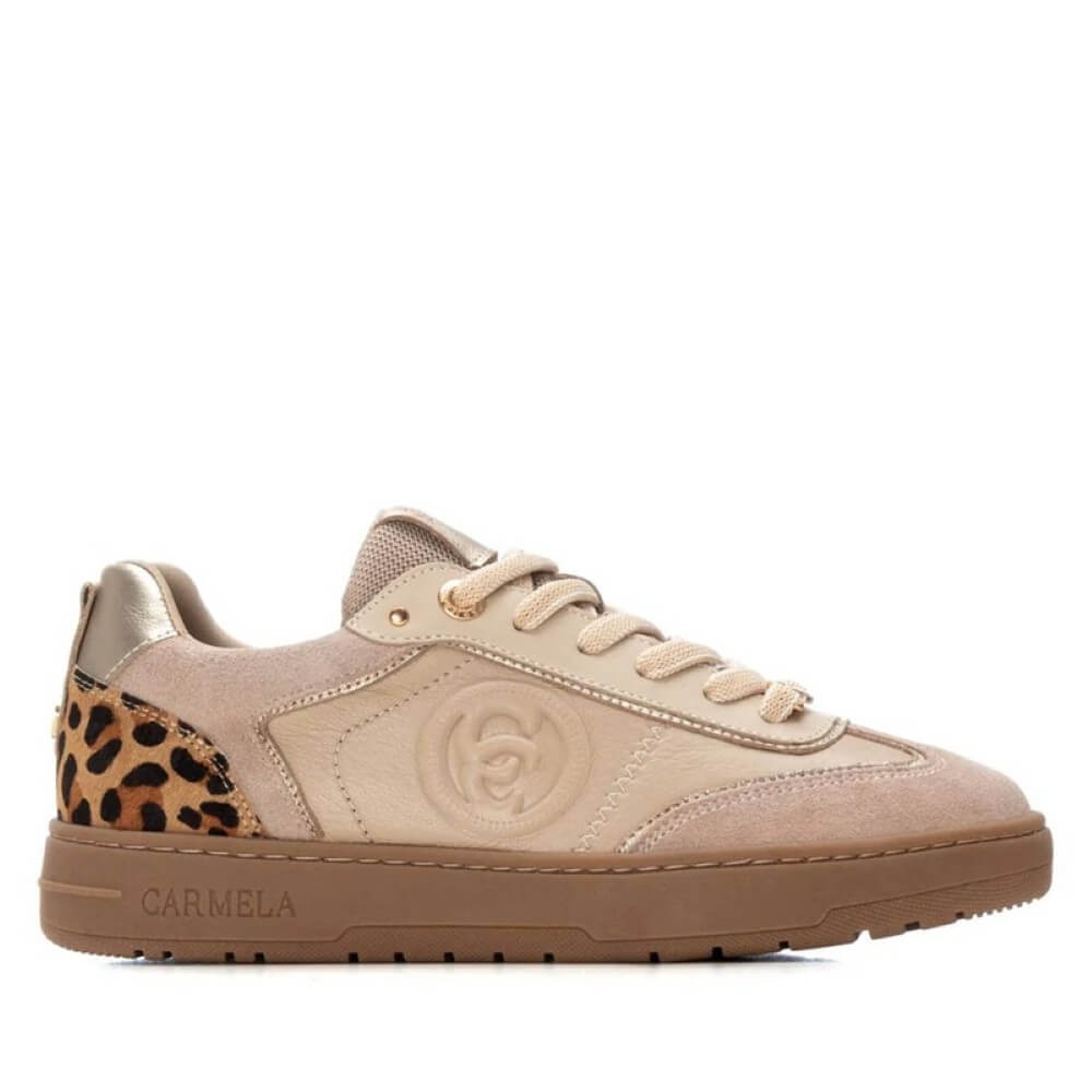 Beige sneaker with leopard print details on a white background