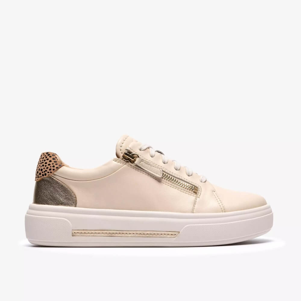 Clarks Cream Leather sneaker with leopard print details on a white background