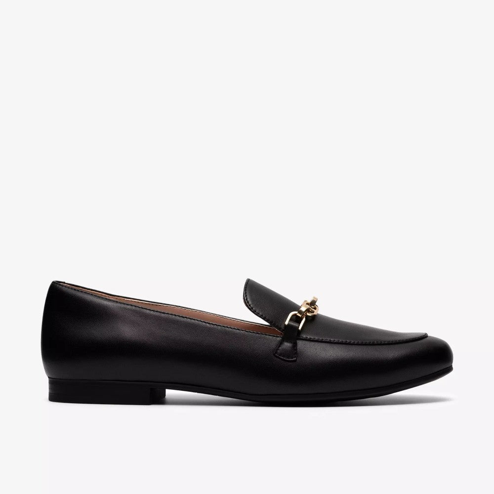 Clarks Black loafer shoe with a gold buckle on a white background