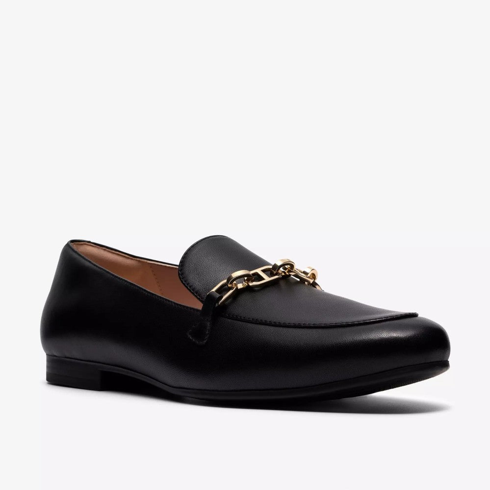 Clarks Black loafer with gold chain detail on a white background