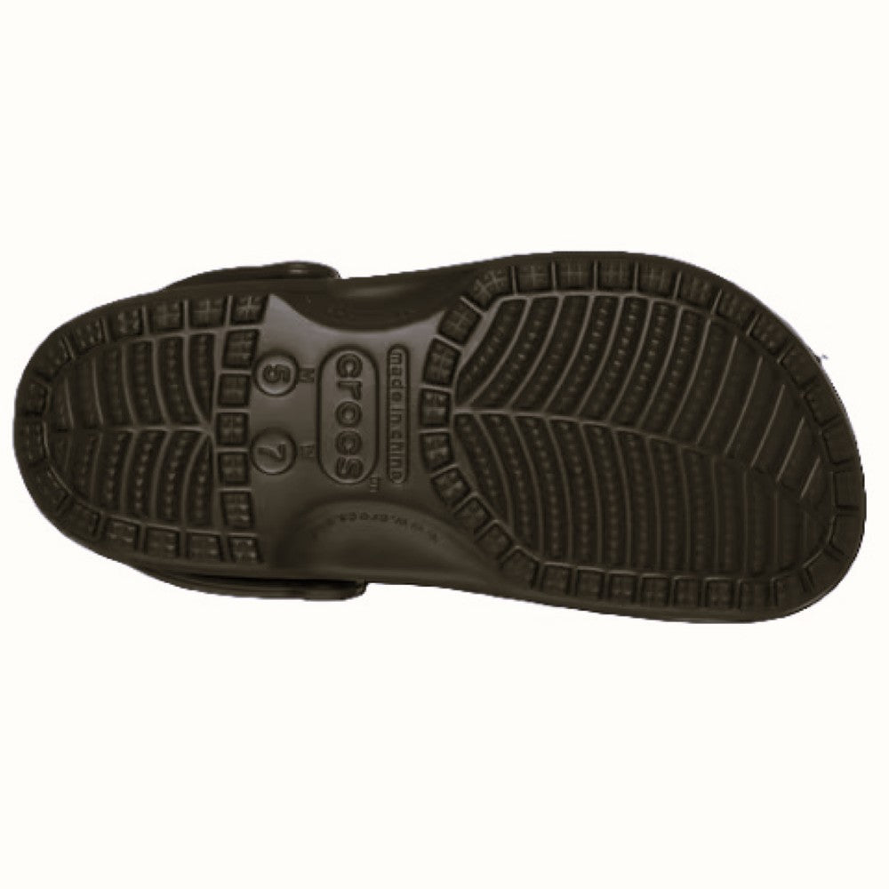 Black Crocs sandal sole on a white background