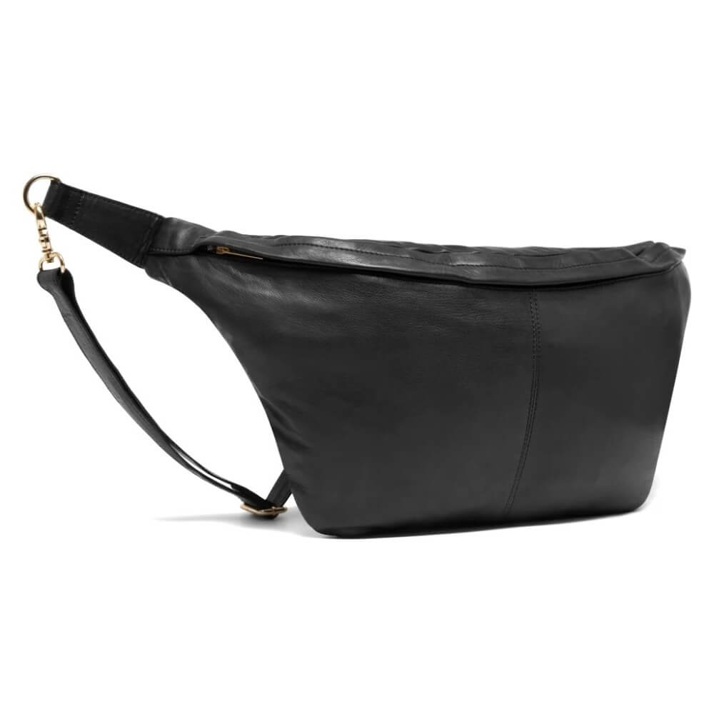 Black leather waist bag on a white background