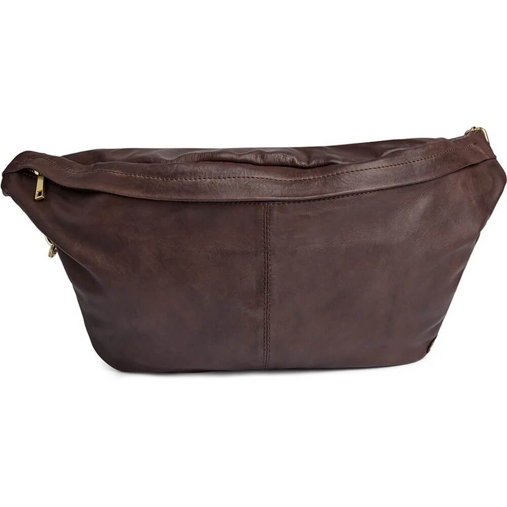 A Depeche dark brown leather fanny pack with gold-tone zipper pulls, shown from the front on a plain white background.