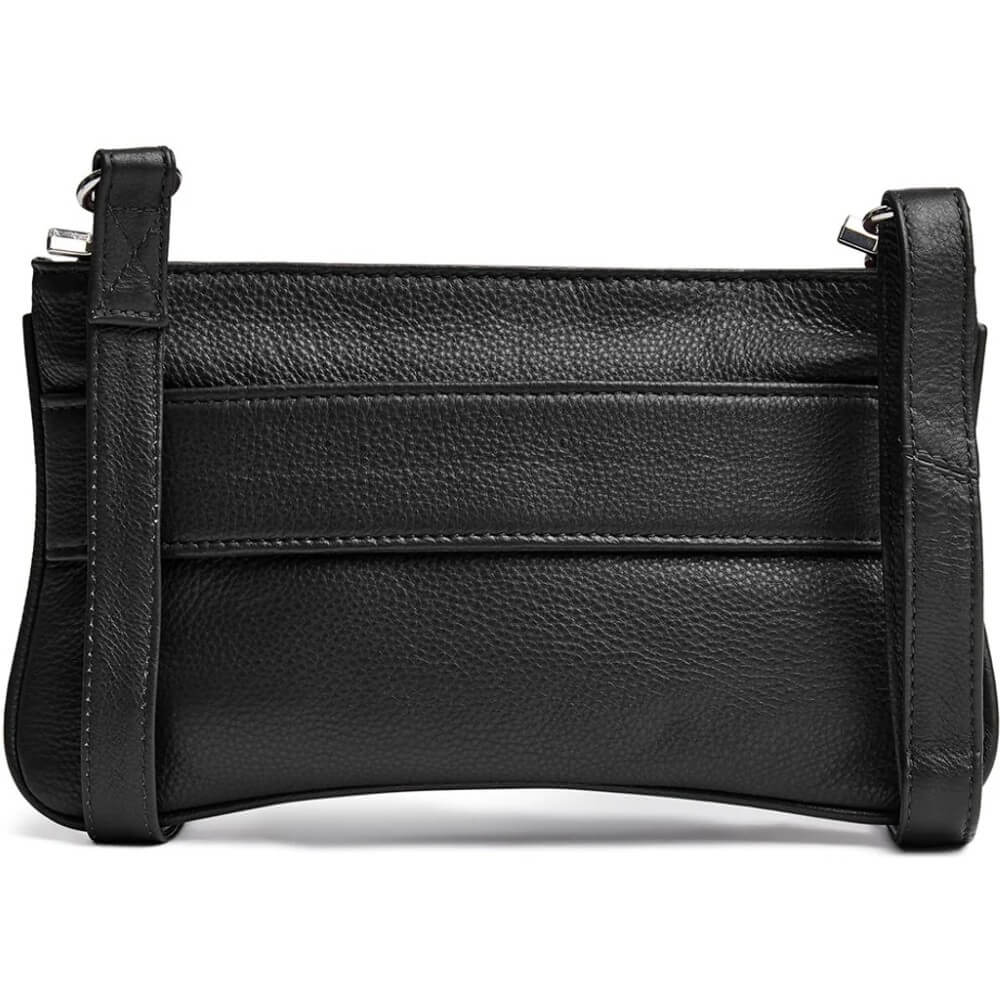 A Depeche black pebbled leather crossbody bag with a wide front strap and a thin shoulder strap, shown against a plain white background.