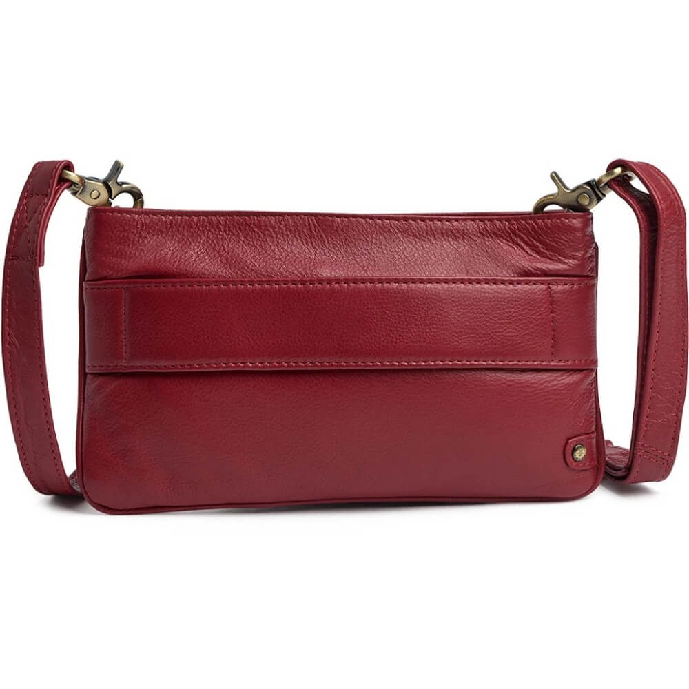 Depeche Red Leather Clutch with a crossbody strap