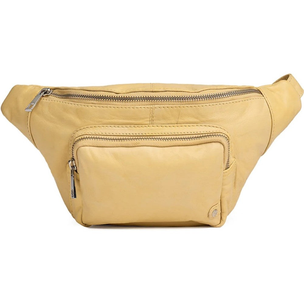 Depeche Yellow leather waist bag with zippers on a white background