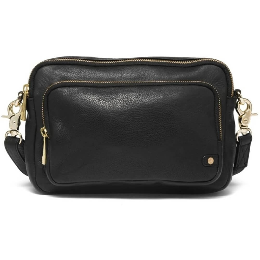 Depeche Black leather crossbody bag with gold accents on a white background