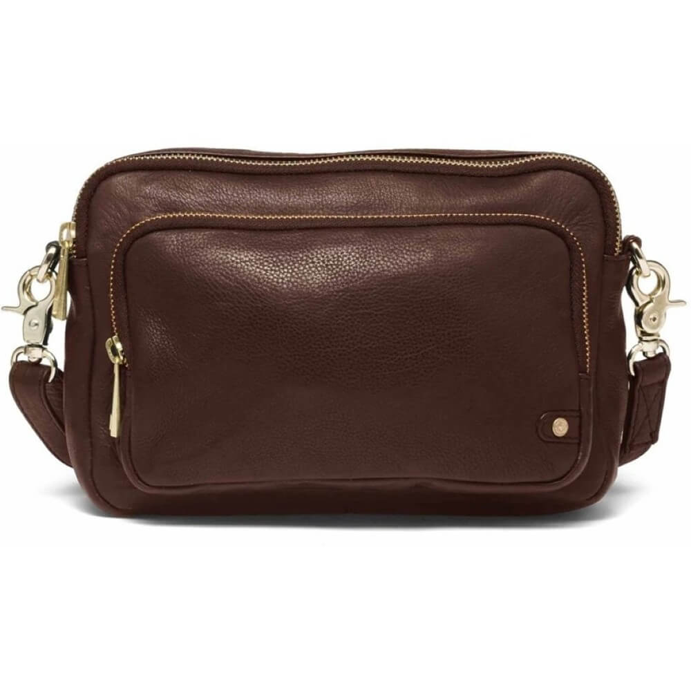 Brown leather crossbody bag with gold accents on a white background depeche 14132