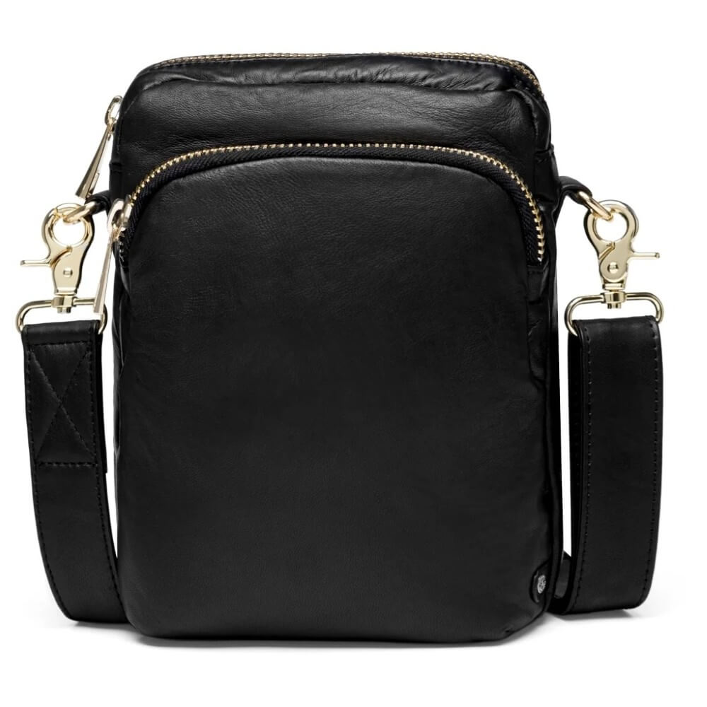 Depeche Black leather crossbody bag with gold zippers on a white background