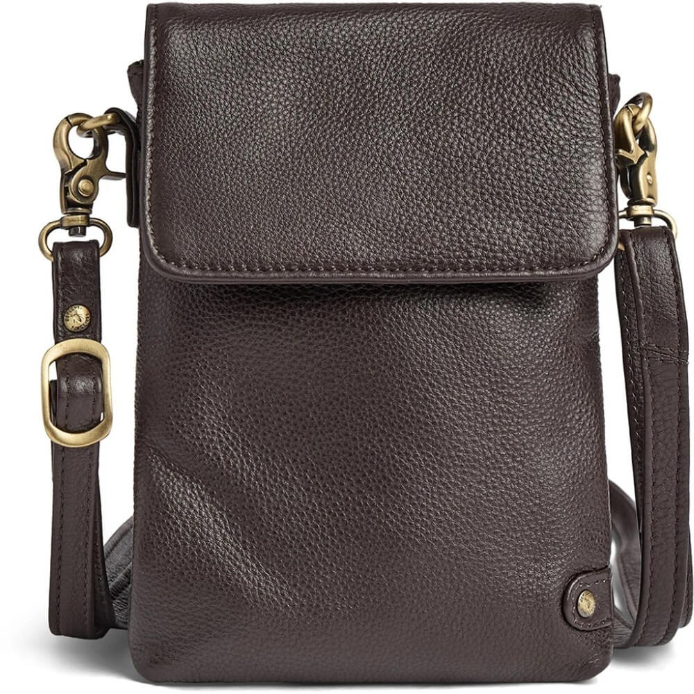Depeche Brown leather crossbody bag with gold accents on a light grey background