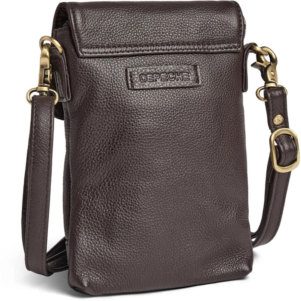 Depeche Brown leather crossbody bag with gold accents on a light grey background