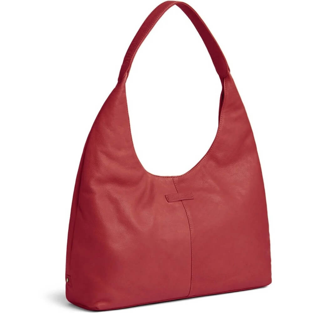 A red leather hobo shoulder bag with a single strap and a small front tab detail, shown on a plain white background.