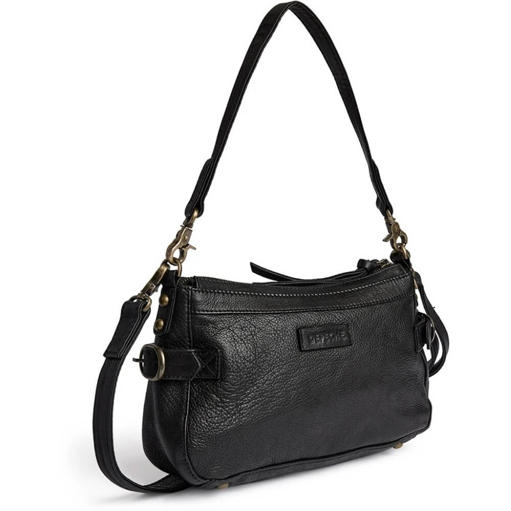 A black textured leather shoulder bag with a top zipper, a detachable shoulder strap, and brass-tone hardware, shown on a plain white background.