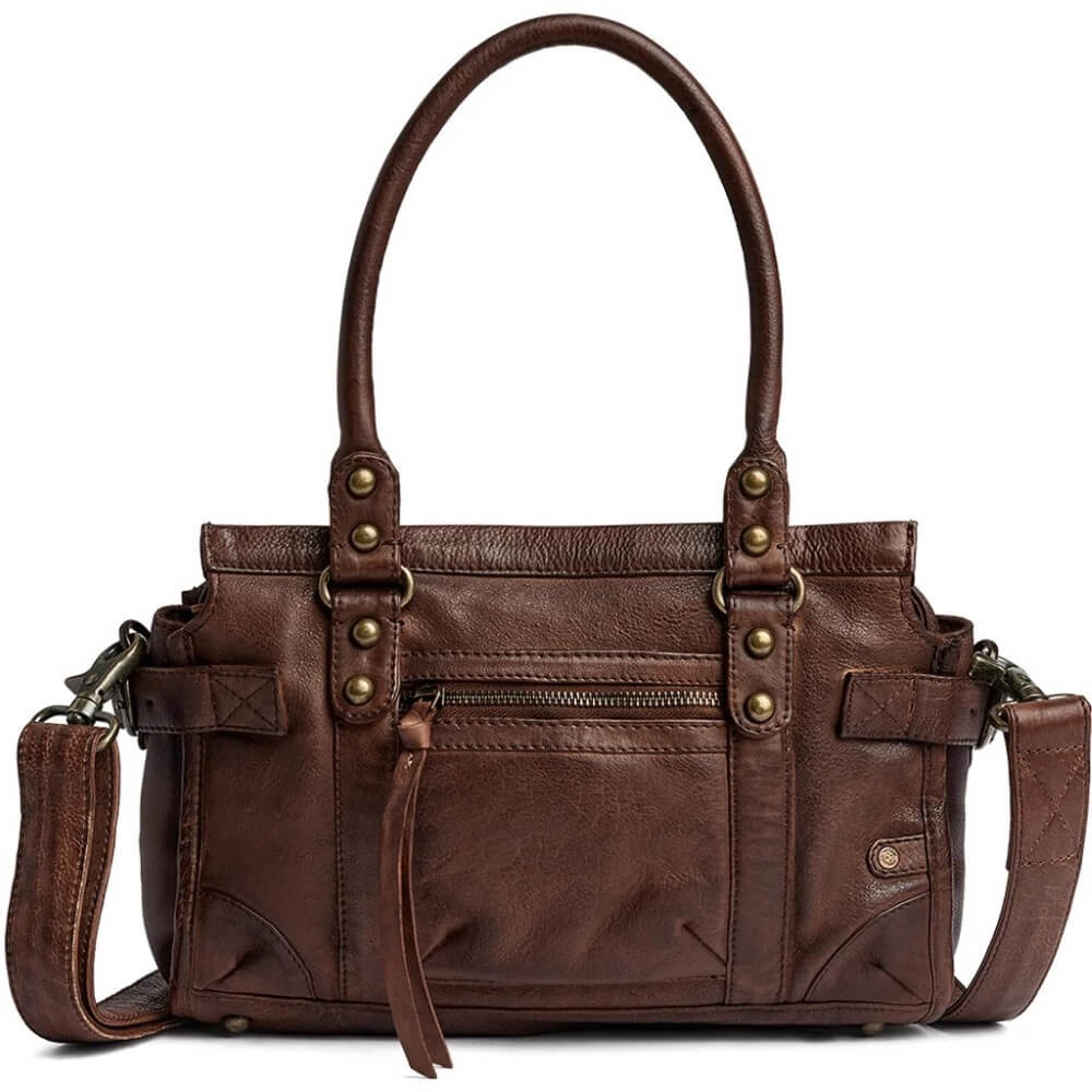 A Depeche dark brown leather handbag with double top handles, a detachable shoulder strap, and brass-tone hardware, shown against a plain white background.