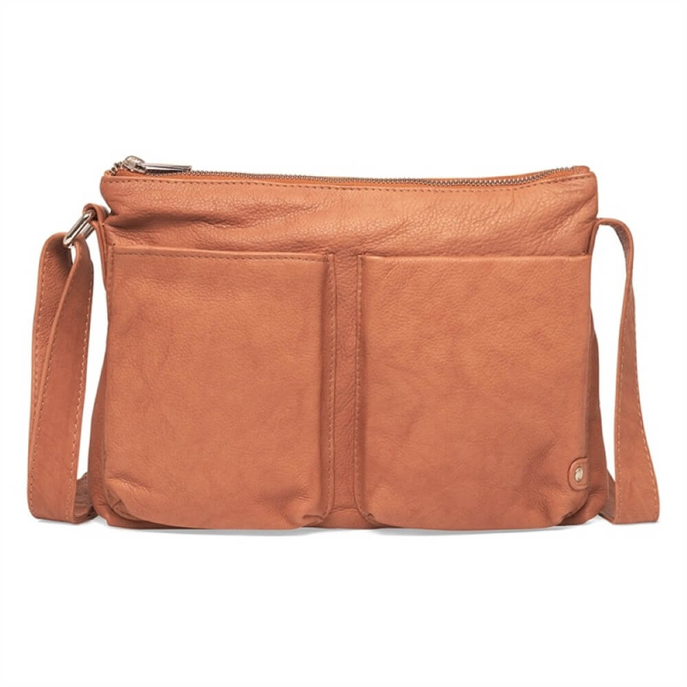 Depeche Brown leather crossbody bag on a white background