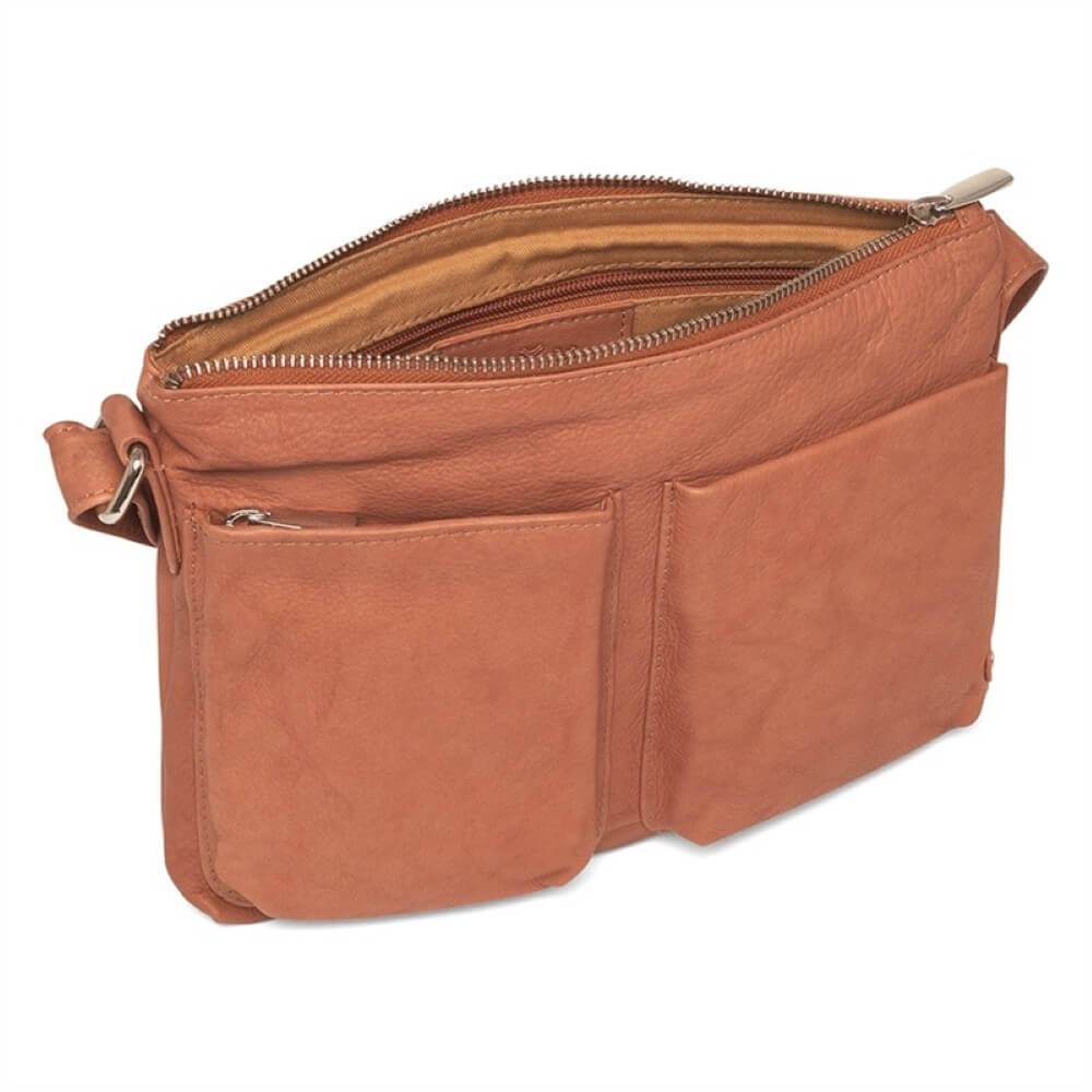 Depeche Brown leather crossbody bag on a white background
