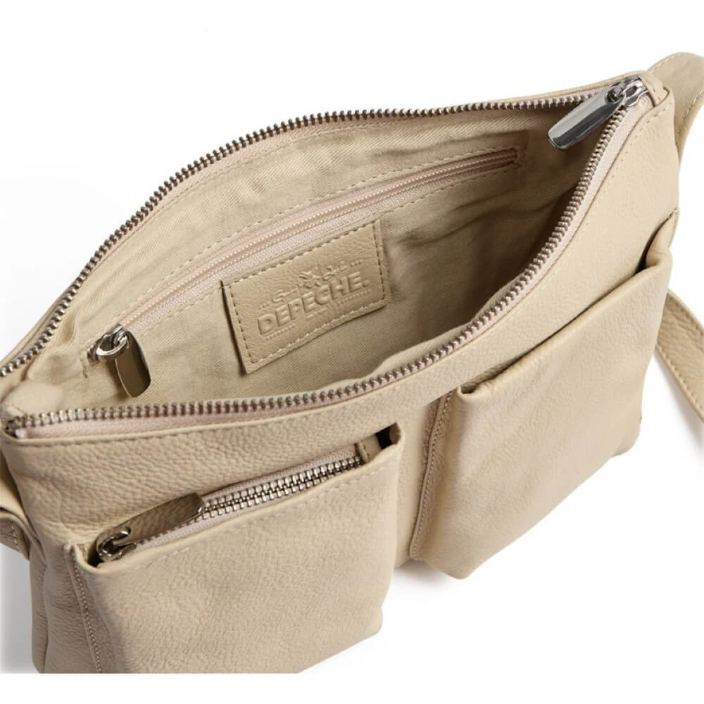 Depeche Beige leather Crossbody handbag with a strap on a white background