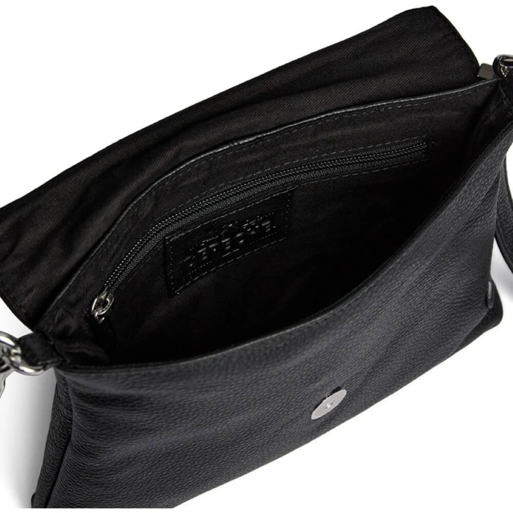 Depeche Black leather crossbody bag on a white background
