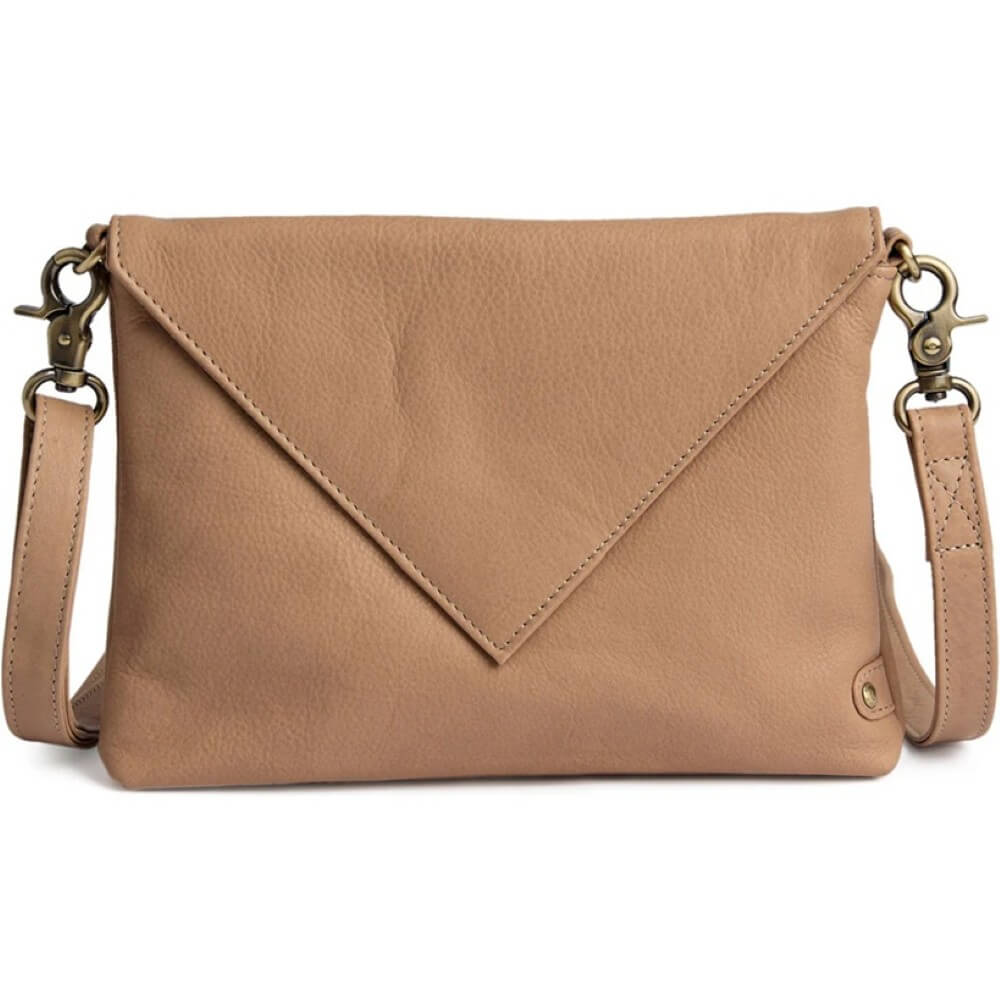 Depeche Beige leather cross body with a strap on a white background