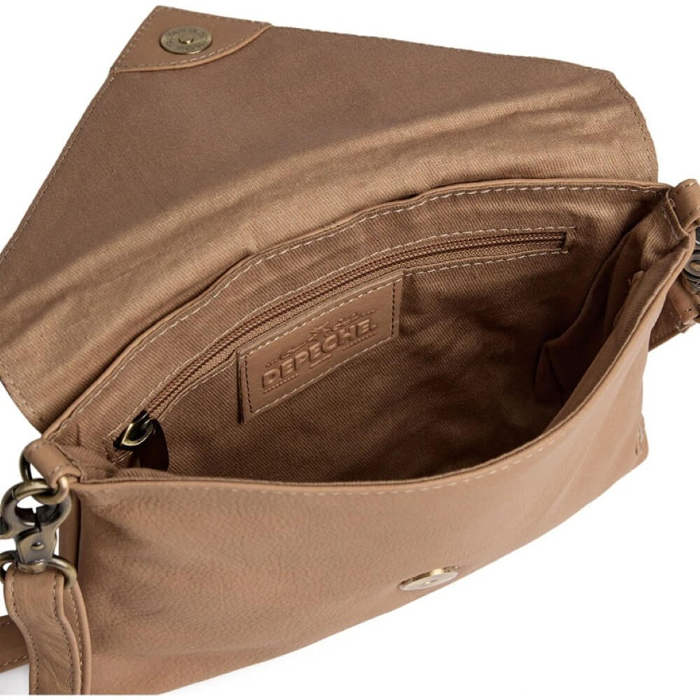 Depeche Beige leather cross body with a strap on a white background