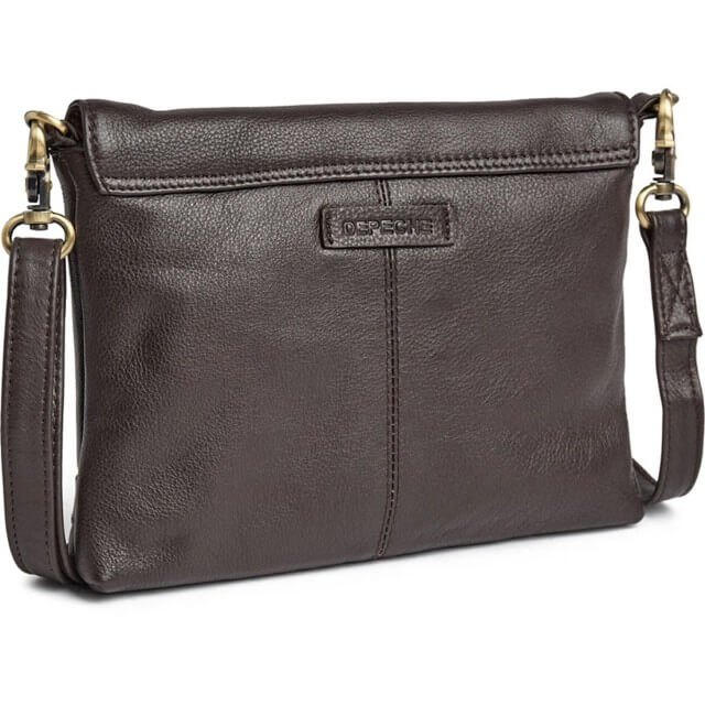 Depeche Brown leather crossbody bag with gold hardware on a white background