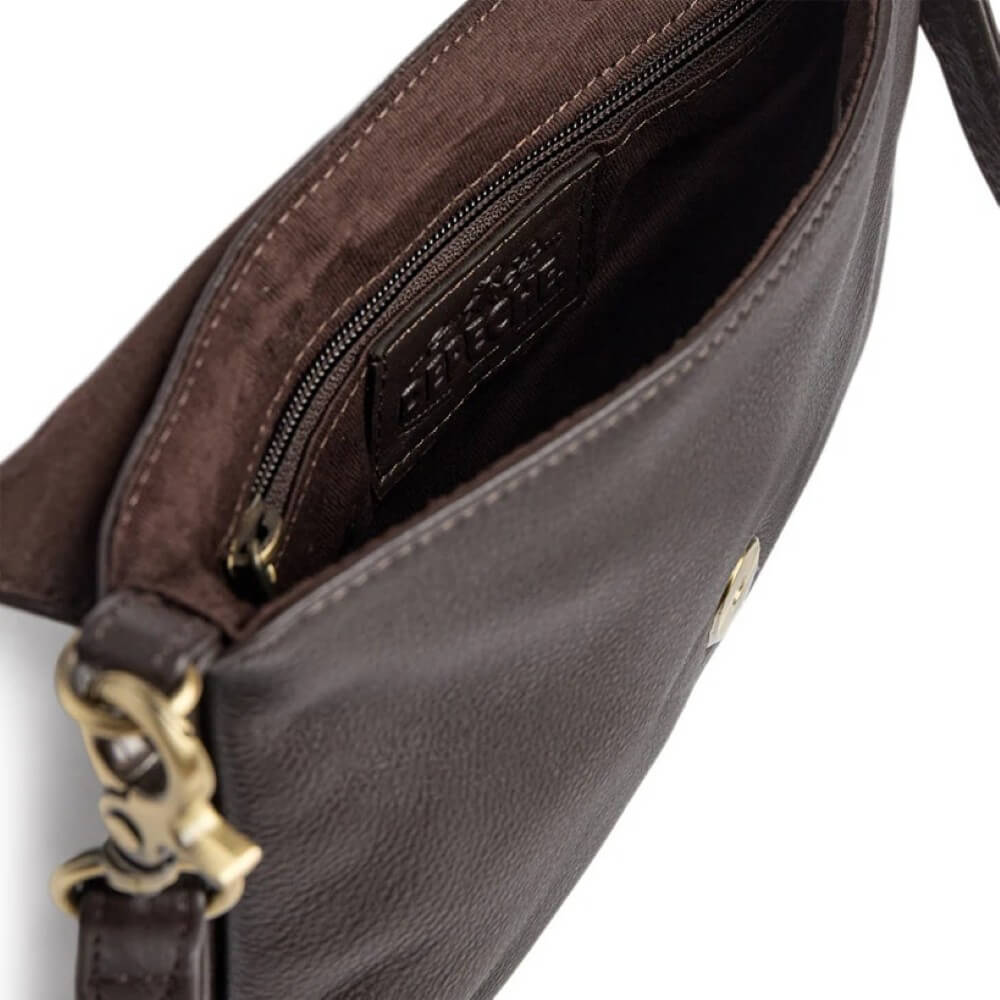 Depeche Brown leather crossbody bag with gold hardware on a white background