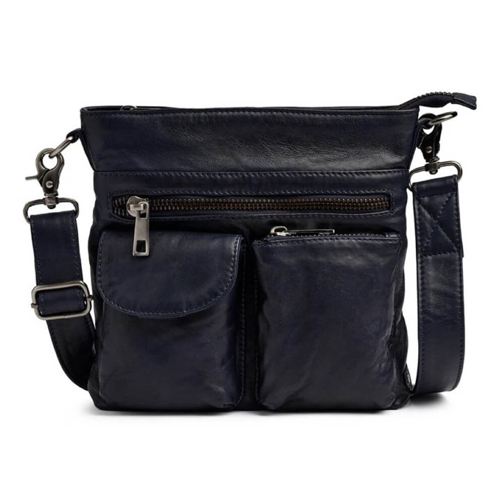 Navy leather crossbody bag with multiple pockets and zippers on a white background