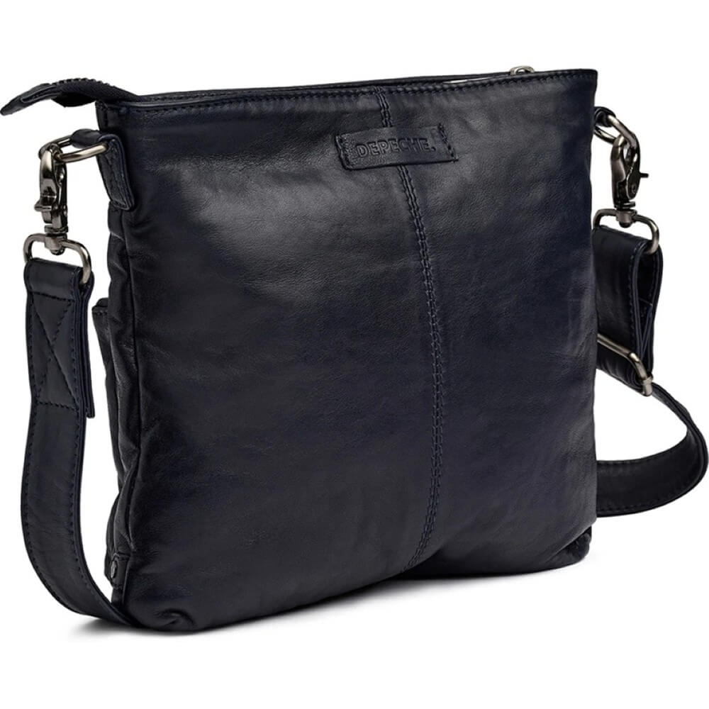 Navy leather crossbody bag with multiple pockets and zippers on a white background
