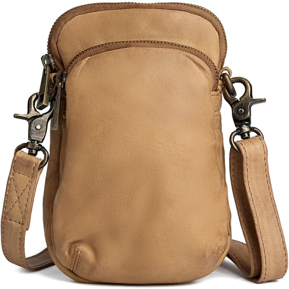Depeche Brown leather crossbody bag with metal clasps on a white background