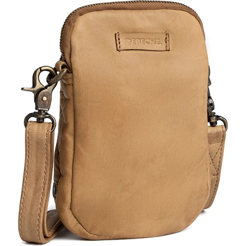Depeche Brown leather pouch with a visible brand logo on a white background