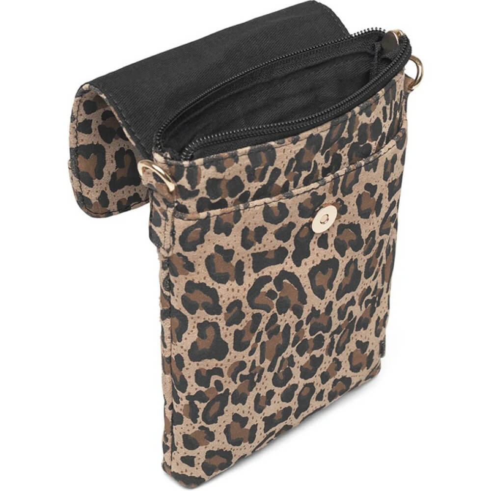 Depeche Leopard print pouch with a black interior on a white background