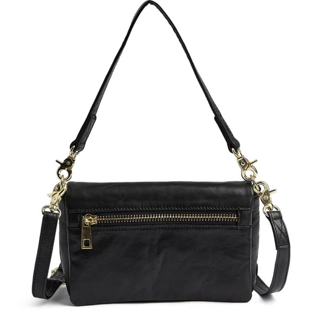 Depeche Black Cross body with gold zipper and chain detail on a white background