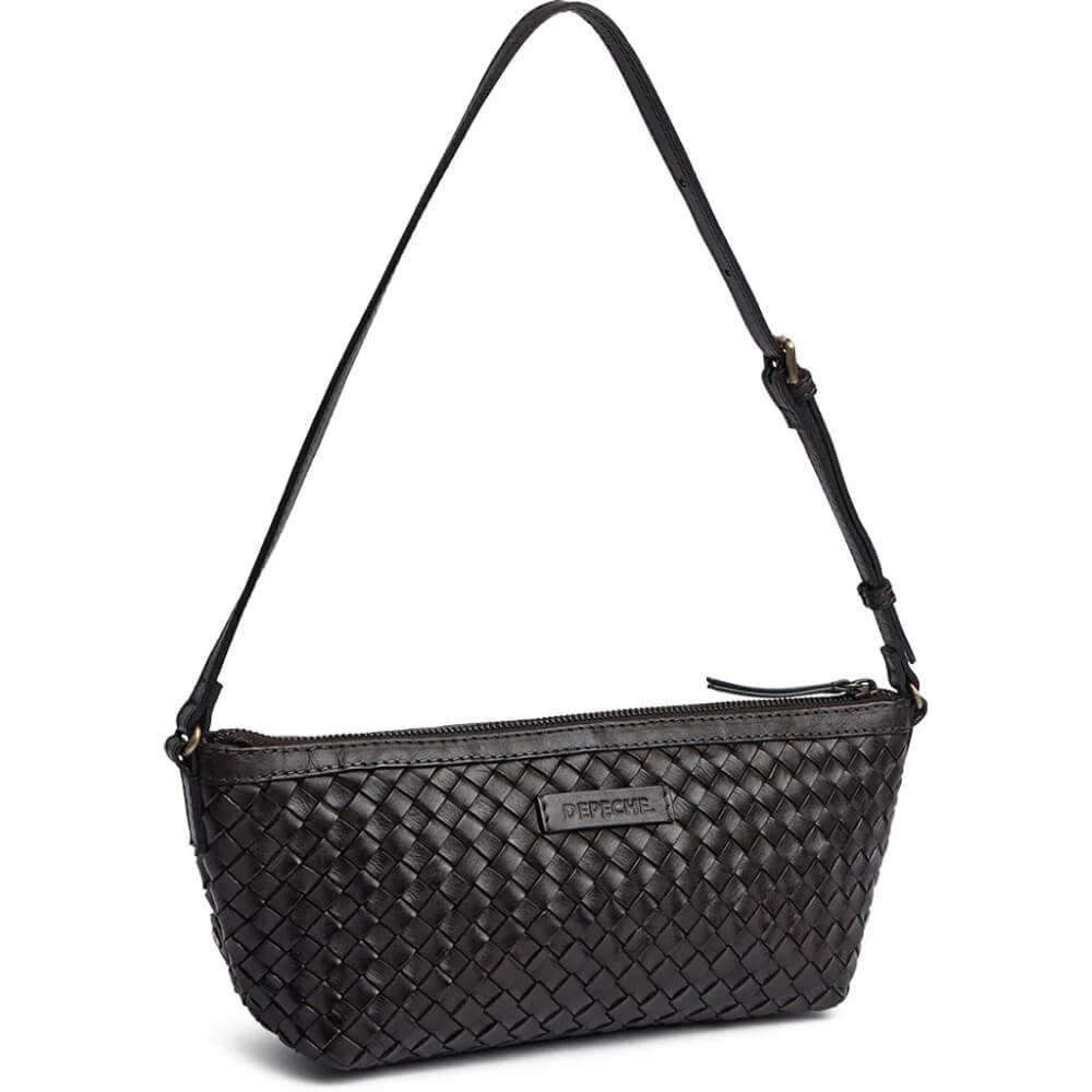 A Depeche dark brown woven leather shoulder bag with a long adjustable strap and gold-tone hardware, shown against a plain white background.