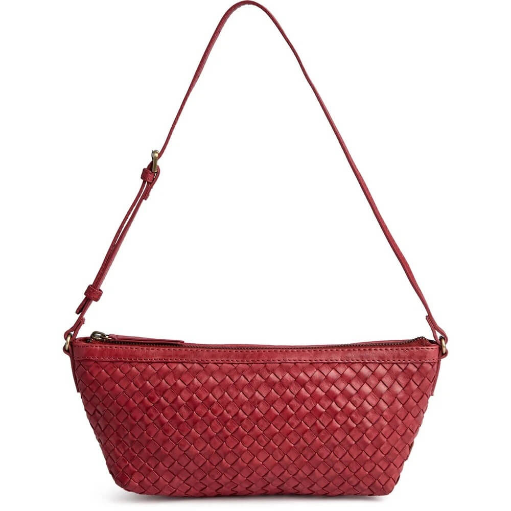 A Depeche red woven leather shoulder bag with a long adjustable strap and gold-tone hardware, shown against a plain white background.