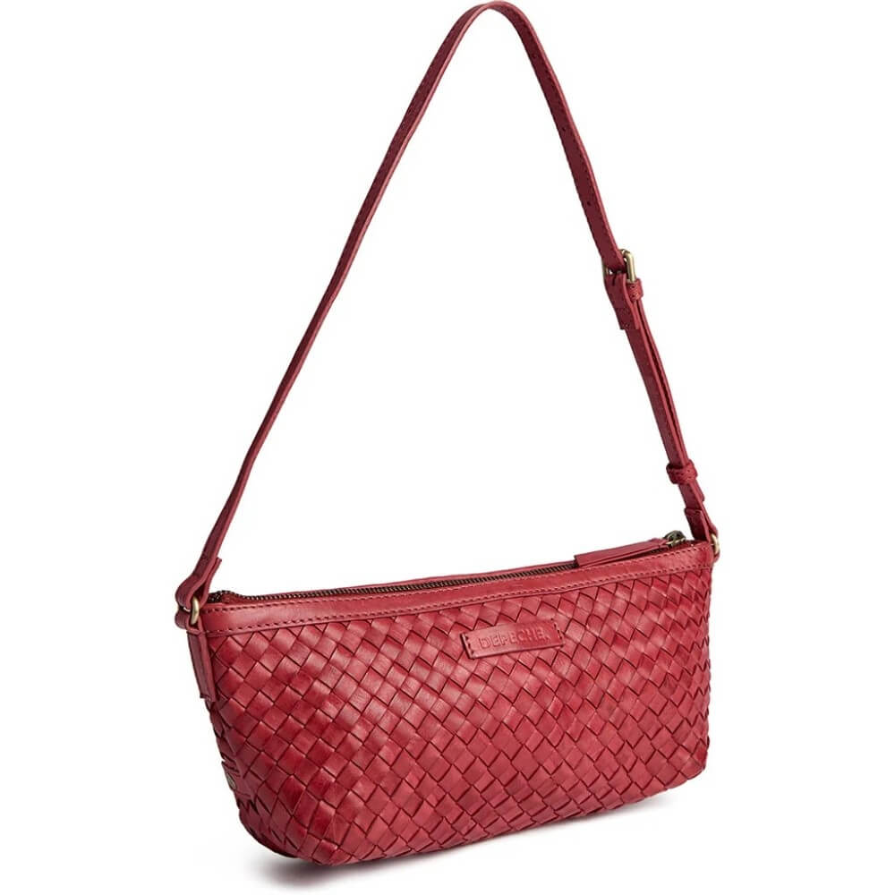 A Depeche red woven leather shoulder bag with a single adjustable strap and gold-tone hardware, shown on a clean white background.
