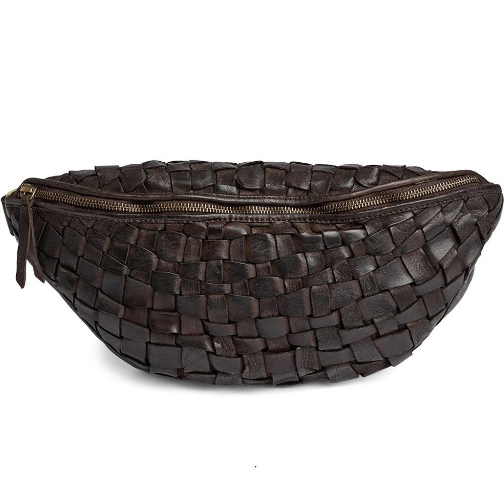 A Depeche dark brown woven leather fanny pack with a top zipper, shown against a plain white background.